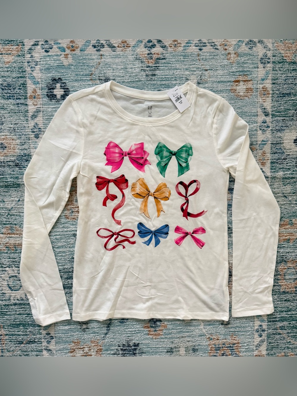 GAP Girls' Light Cream Long-Sleeve Bow Coquette Print Tee Size XL 12 yrs BNWT